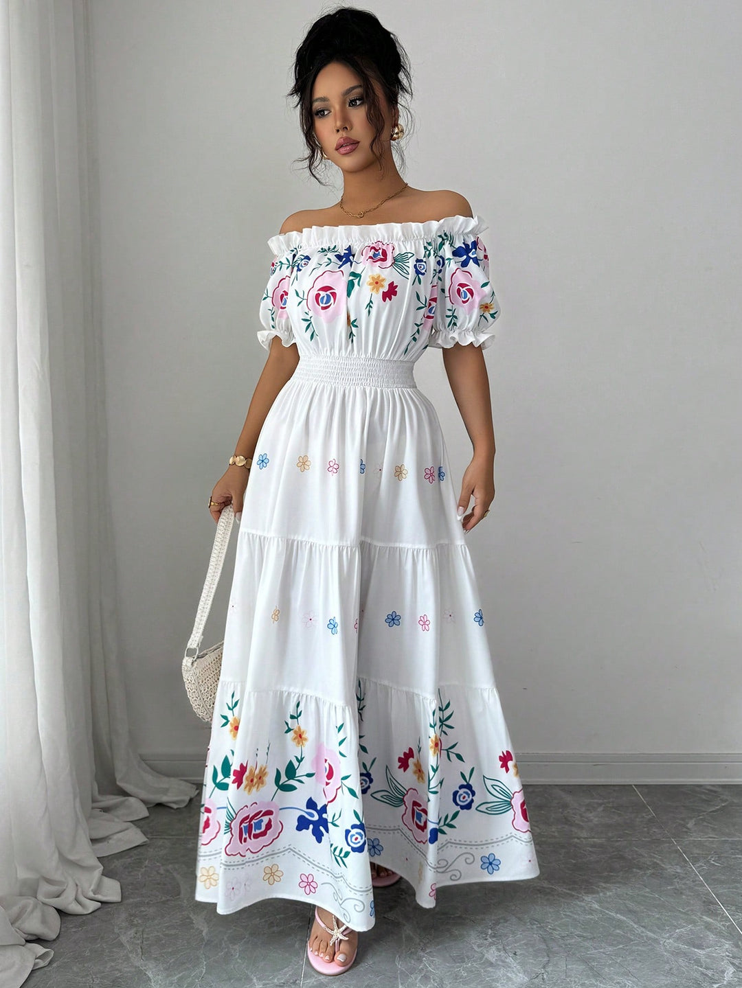 White Floral Print Puff Sleeve Dress