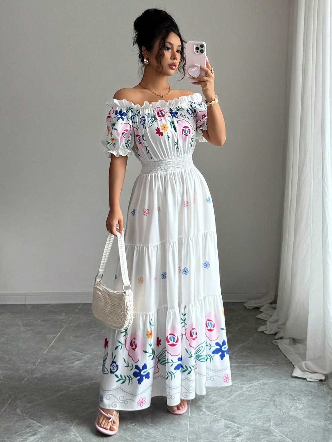 White Floral Print Puff Sleeve Dress