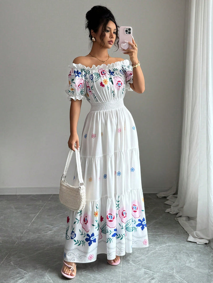 White Floral Print Puff Sleeve Dress