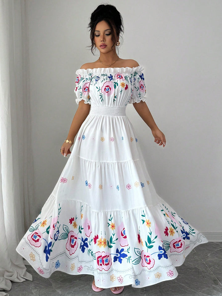 White Floral Print Puff Sleeve Dress