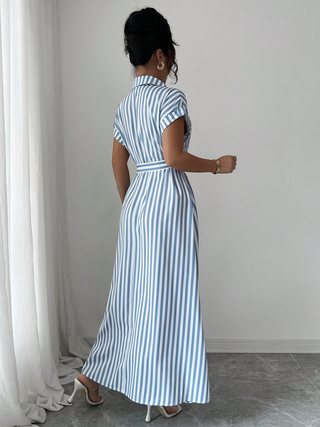 Blue Striped Shirt Dress With Belt