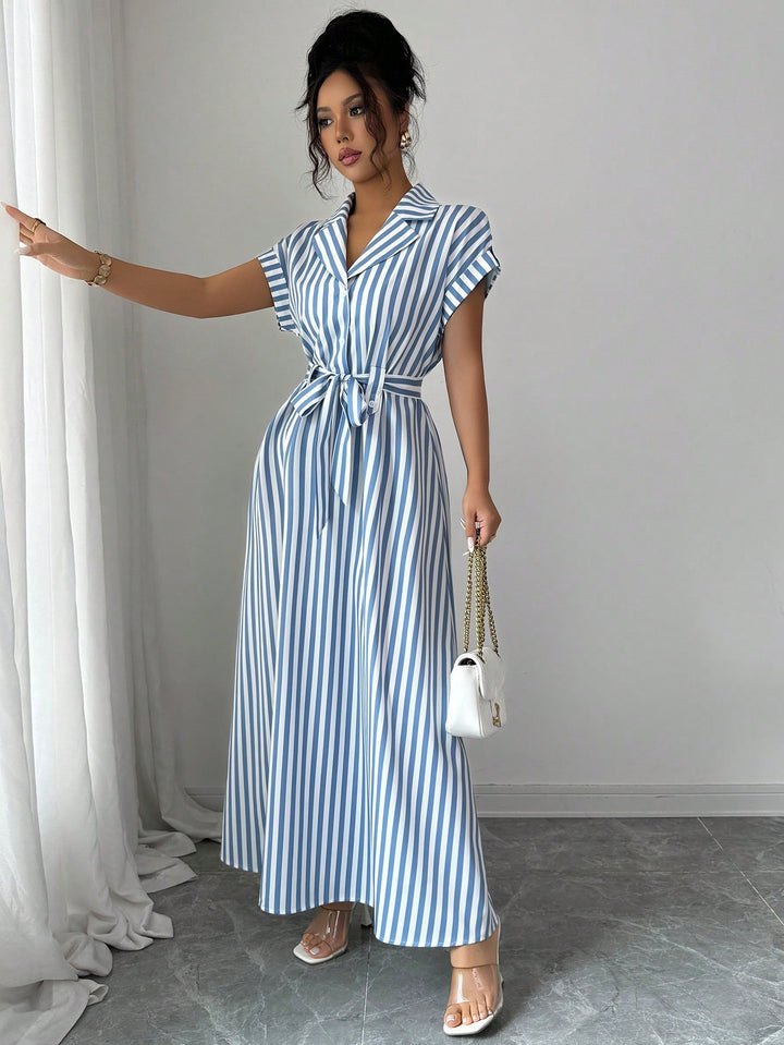 Blue Striped Shirt Dress With Belt