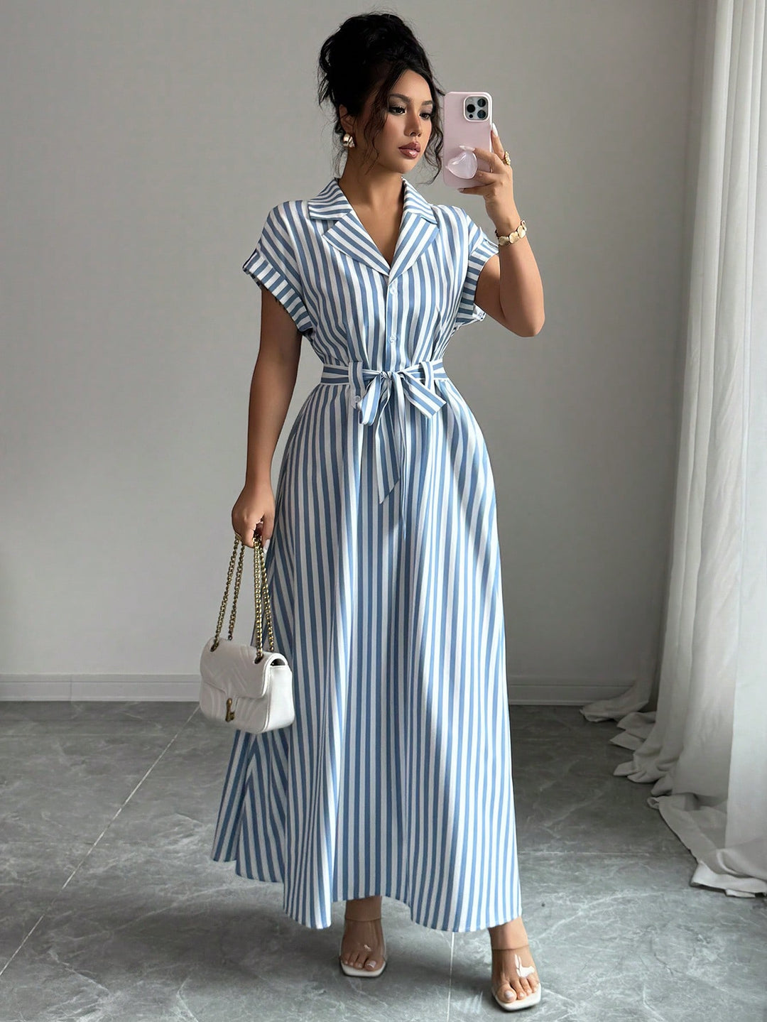 Blue Striped Shirt Dress With Belt