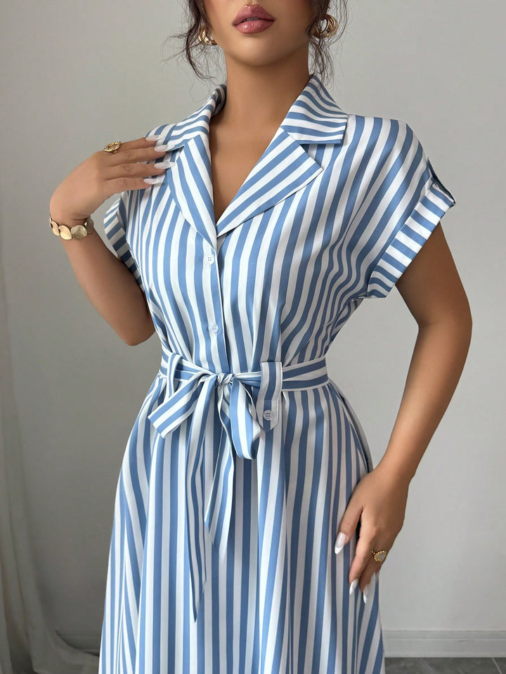 Blue Striped Shirt Dress With Belt