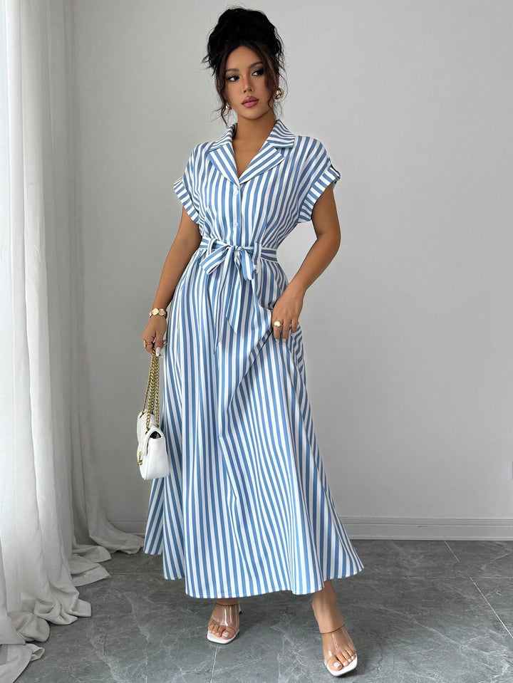 Blue Striped Shirt Dress With Belt