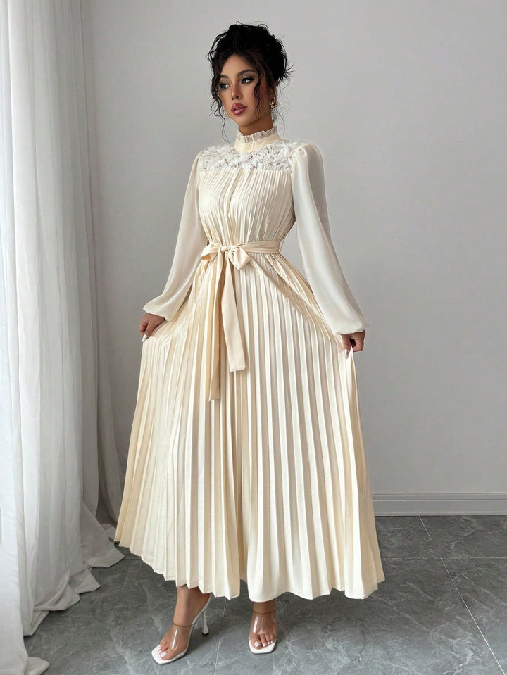 Off-White Pleated High Neck Belt Dress
