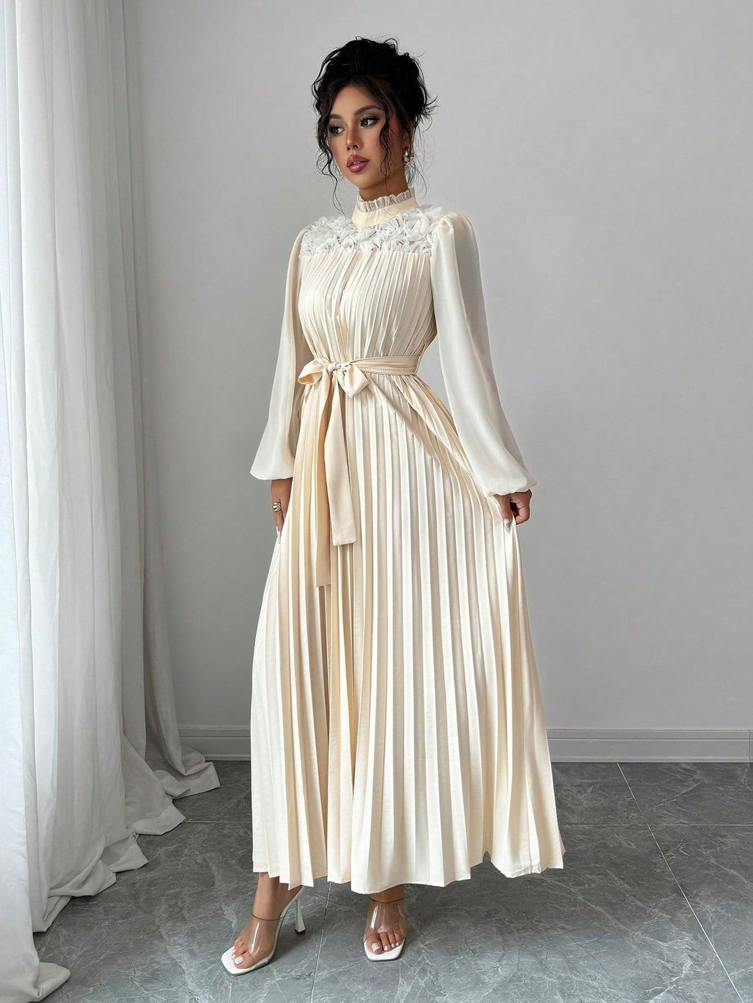 Off-White Pleated High Neck Belt Dress