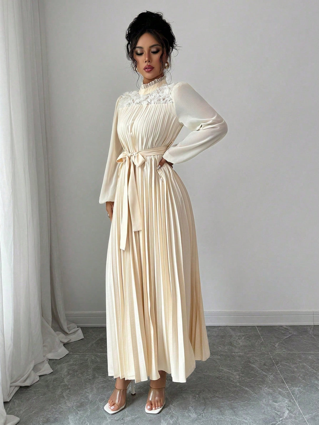 Off-White Pleated High Neck Belt Dress