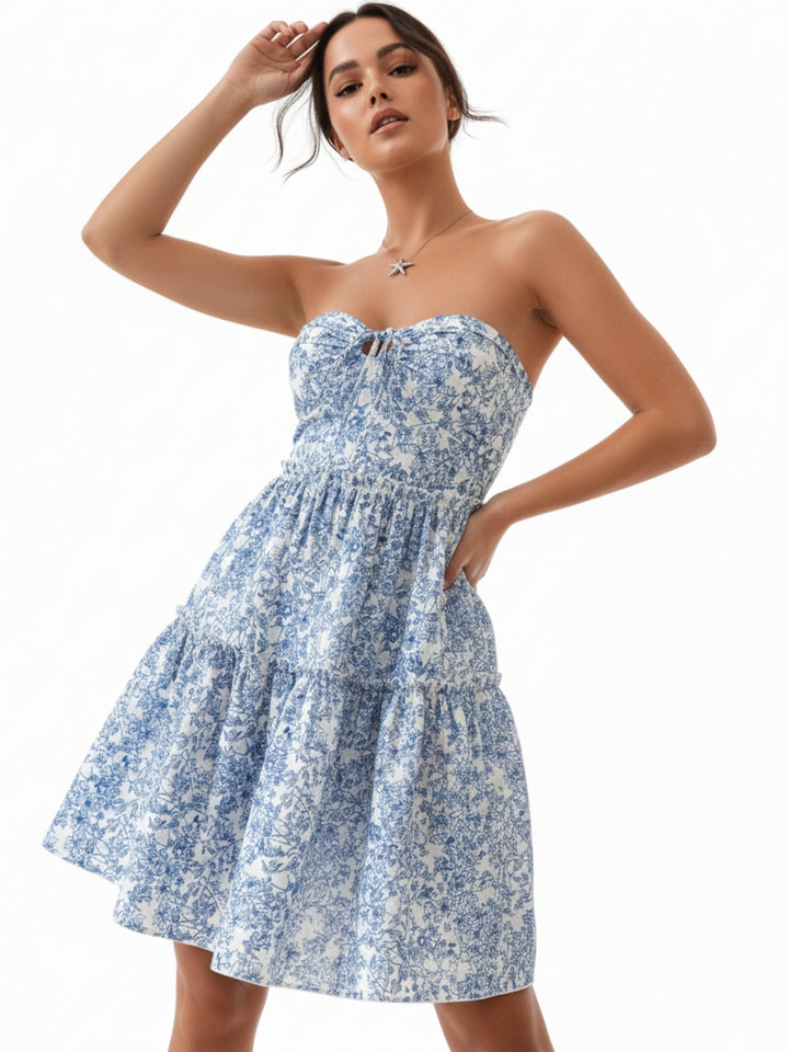 Blue Sweet Heart Neck Printed Tiered Dress