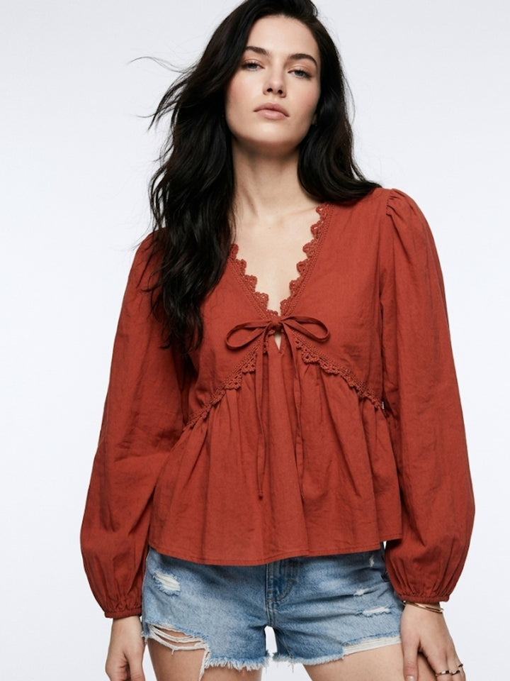 Rust Bishop Sleeve Lace Detail Top