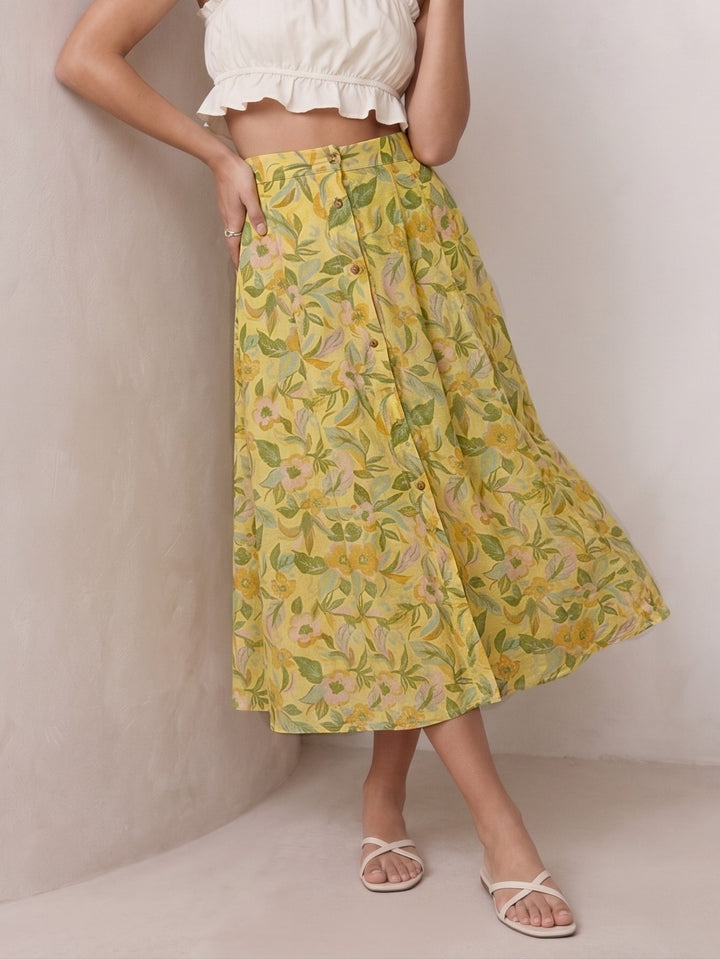 Yellow Front Buttoned Printed Flared Skirt