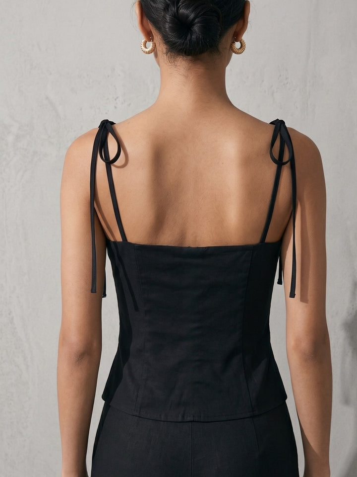 Black Shoulder Tie-Up Peplum Top