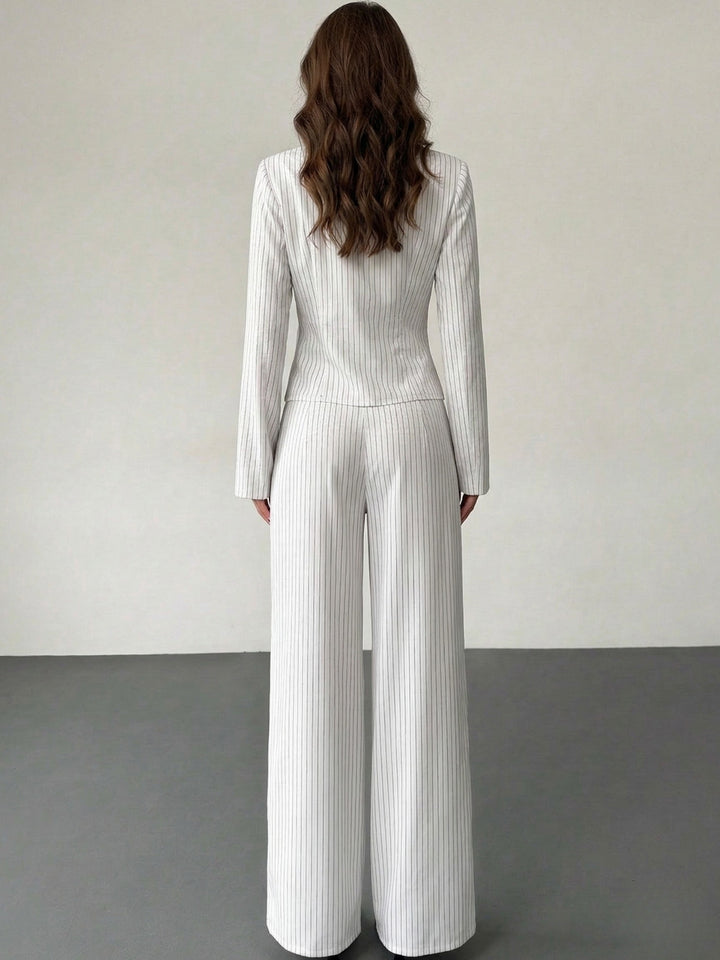 White Full Sleeve V Neck Wrap Top And Pant Set