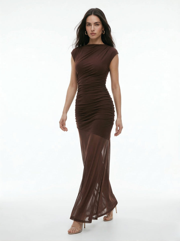 Brown Shoulder Draped Dress