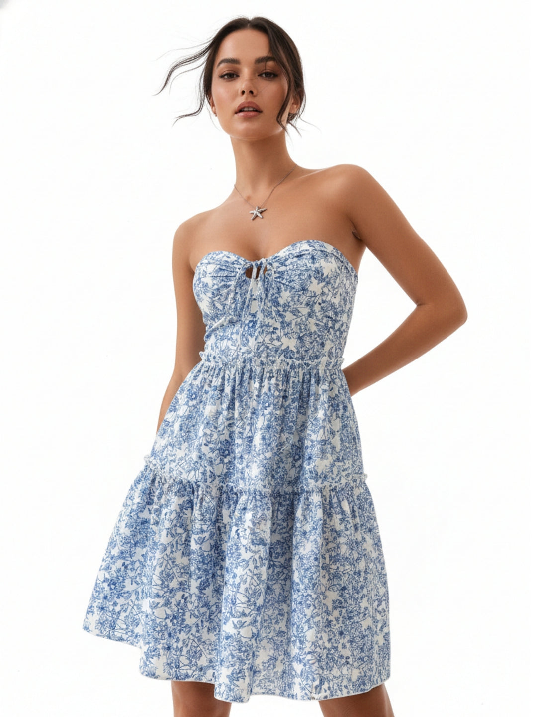 Blue Sweet Heart Neck Printed Tiered Dress