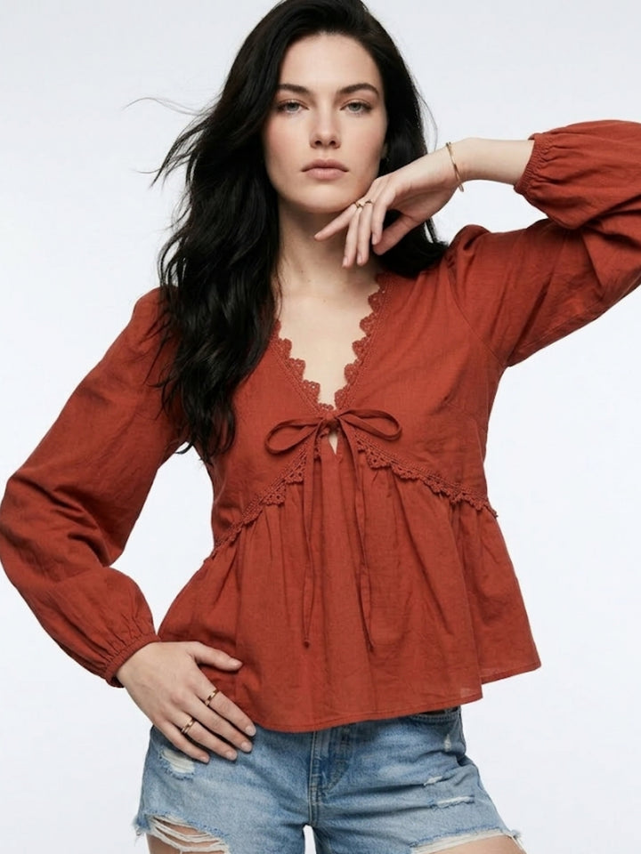 Rust Bishop Sleeve Lace Detail Top