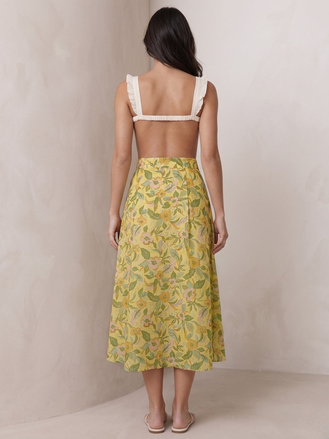 Yellow Front Buttoned Printed Flared Skirt