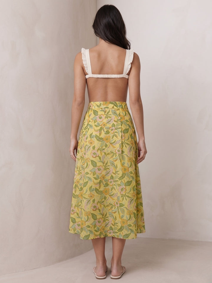 Yellow Front Buttoned Printed Flared Skirt
