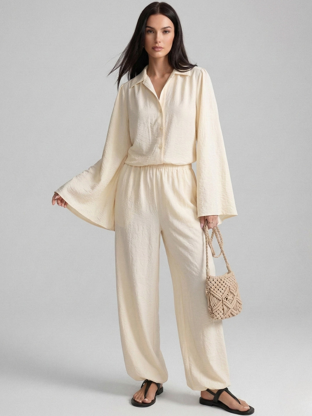 Off White Bell Sleeve Collared Top And Pant