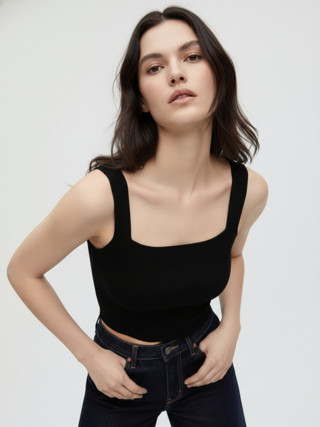 Black Flat Square Neck Tank Top