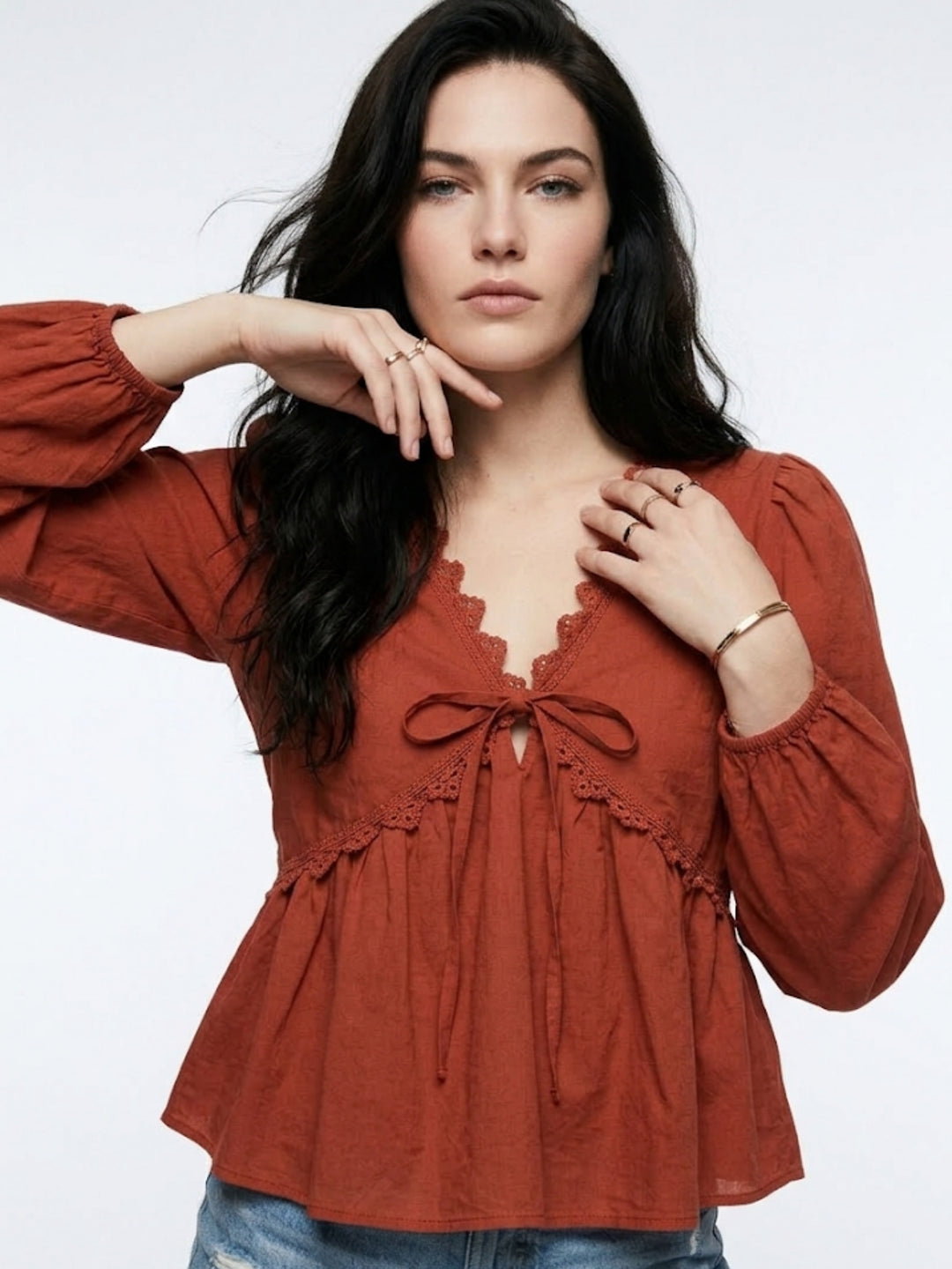 Rust Bishop Sleeve Lace Detail Top