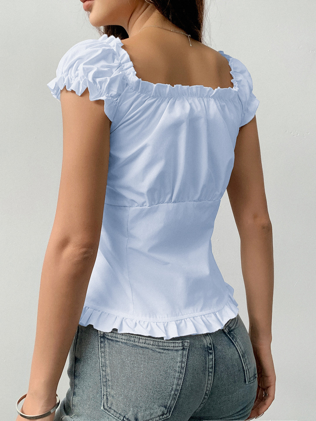Blue Off Shoulder Front Button Pleated Top