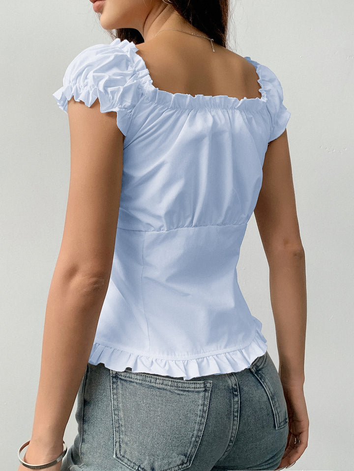 Blue Off Shoulder Front Button Pleated Top
