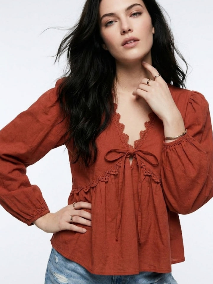 Rust Bishop Sleeve Lace Detail Top