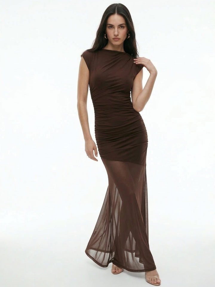 Brown Shoulder Draped Dress