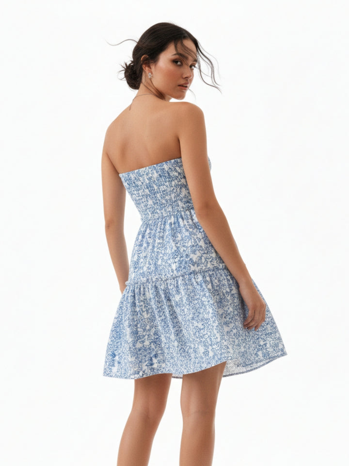 Blue Sweet Heart Neck Printed Tiered Dress
