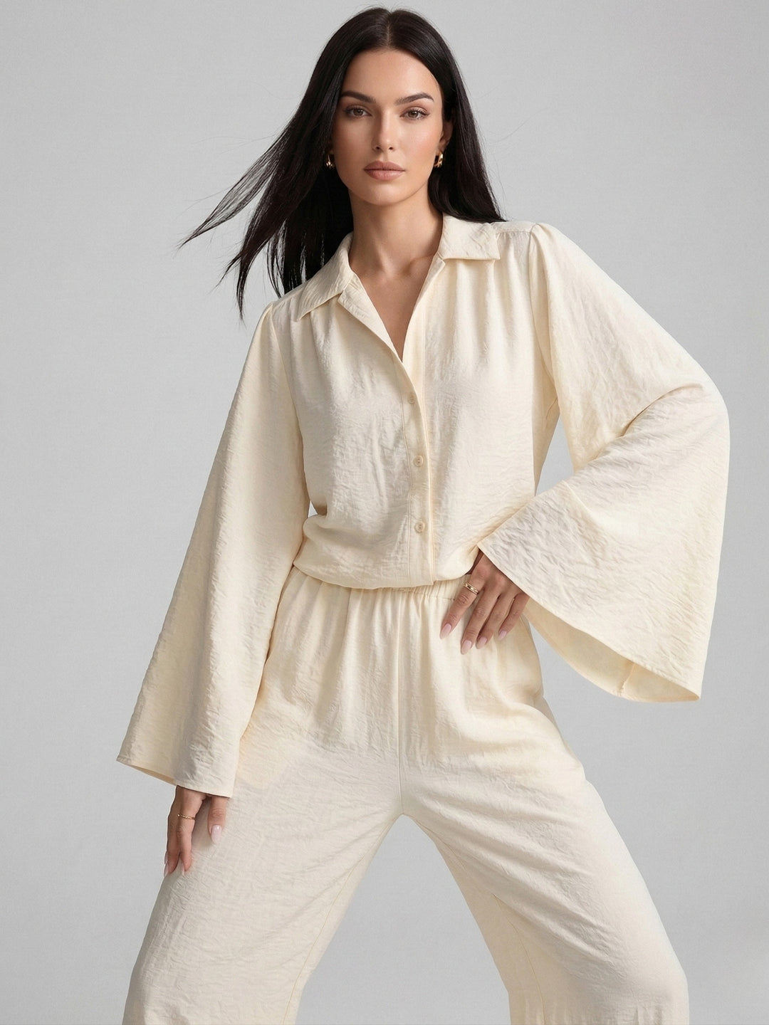 Off White Bell Sleeve Collared Top And Pant