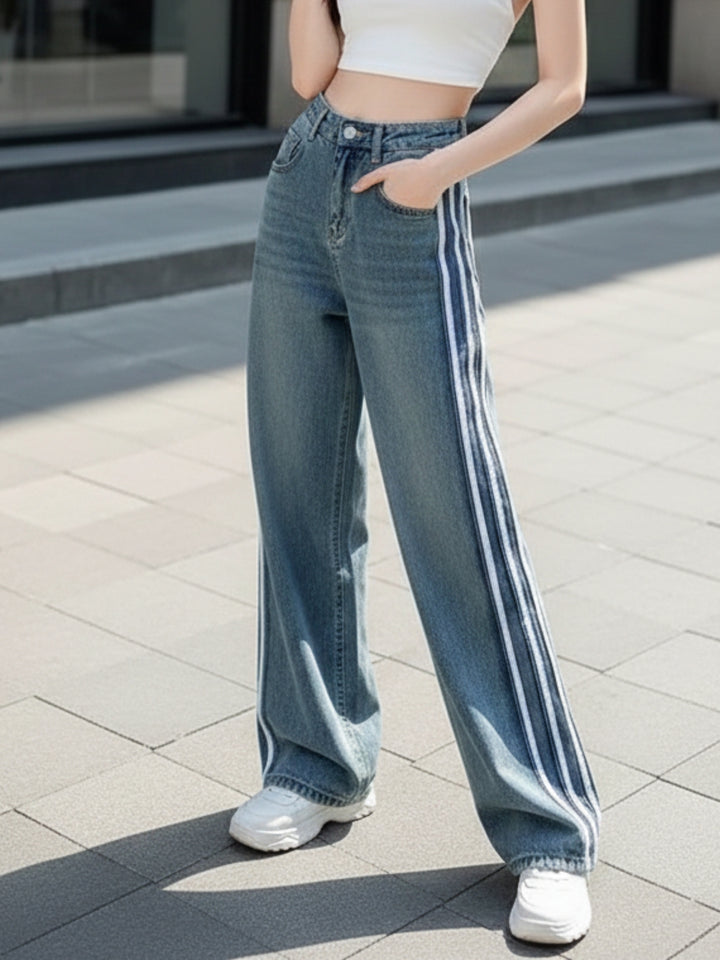 Blue High Waist Side Frayed Jeans