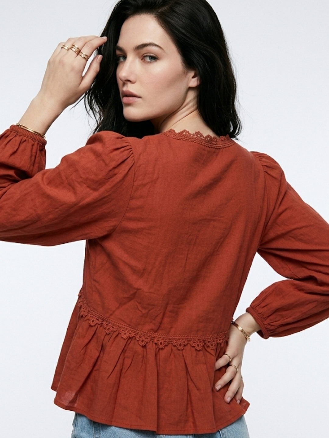 Rust Bishop Sleeve Lace Detail Top