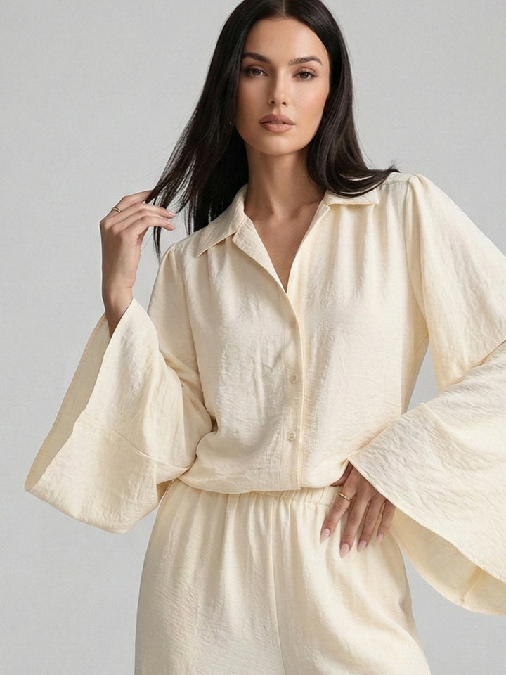 Off White Bell Sleeve Collared Top And Pant