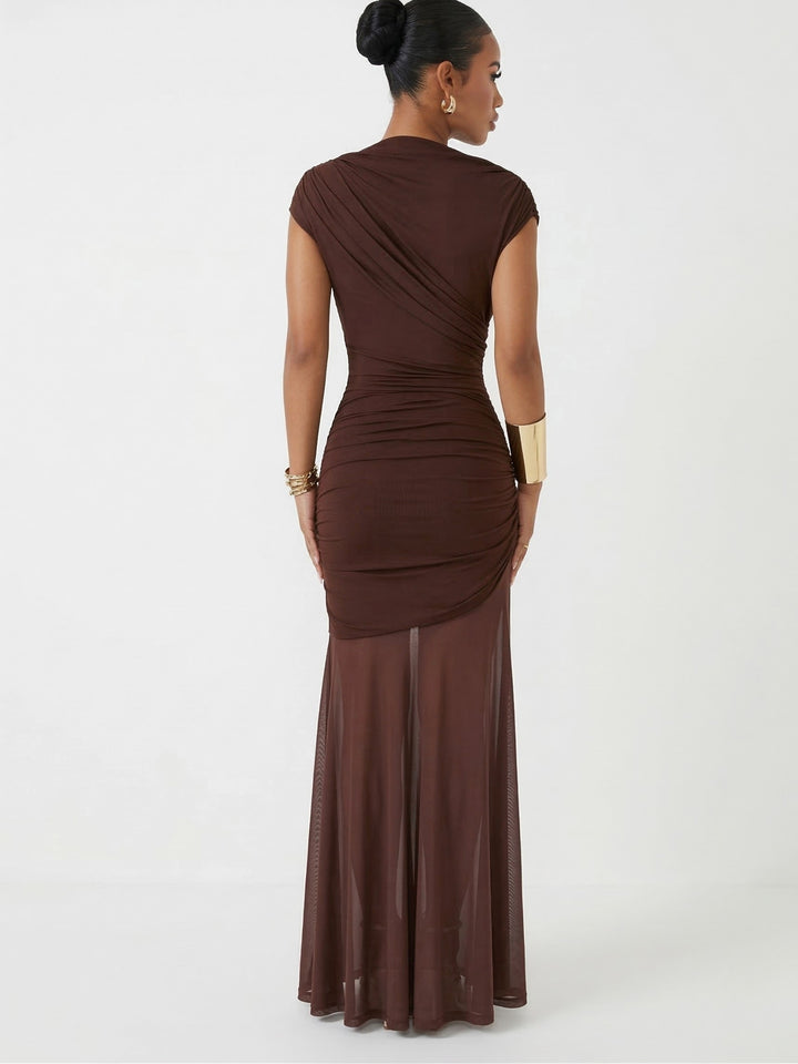 Brown Shoulder Draped Dress
