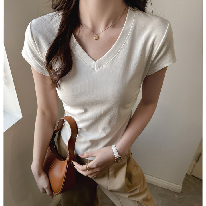 Cream V-Neck Relaxed Fit T-Shirt