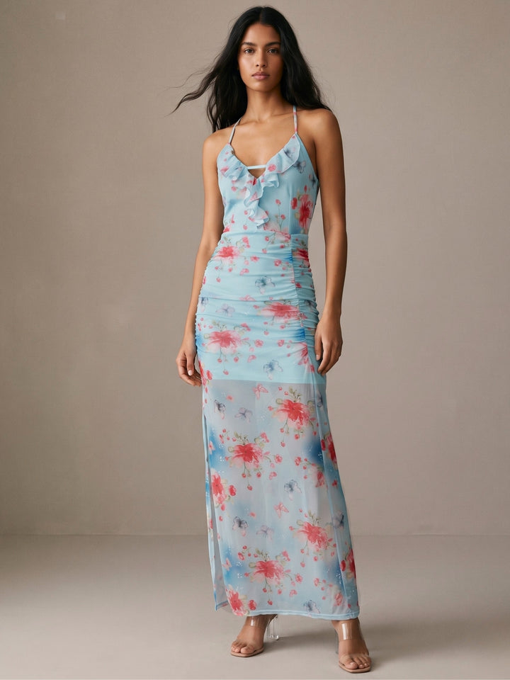 Blue Side Ruched Printed Dress