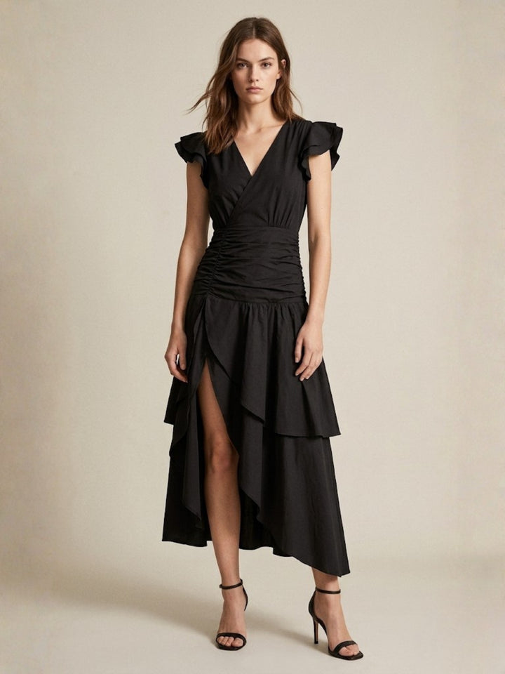 Black Ruffle Sleeve V Neck Dress