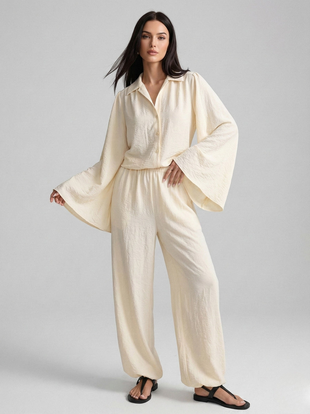 Off White Bell Sleeve Collared Top And Pant