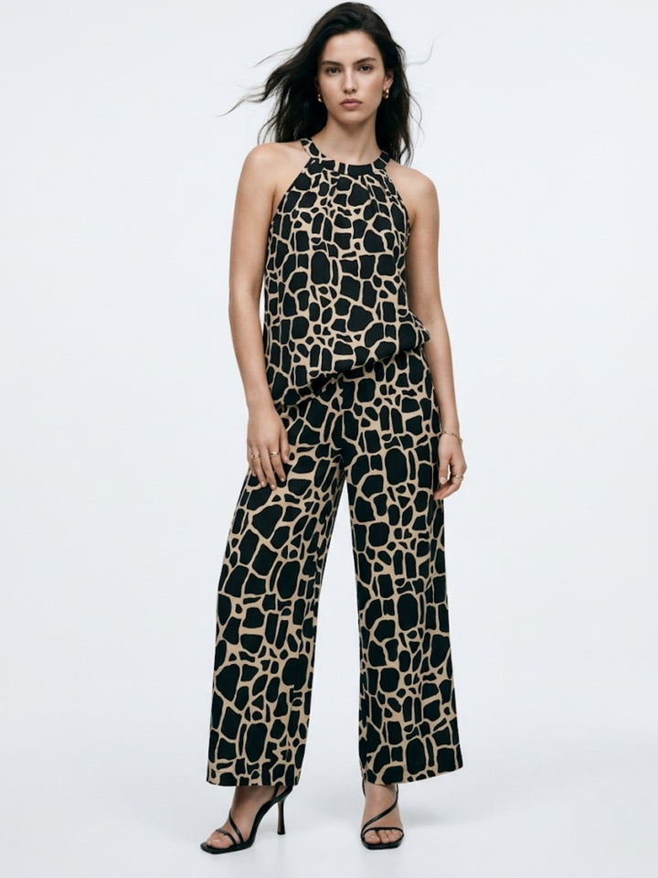 Black Abstract Patterned Halter Top And Trousers Co-Ord Set