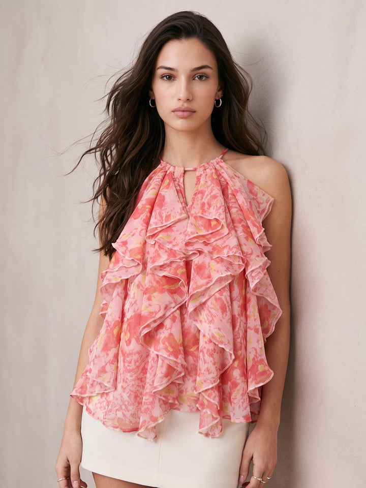 Light Pink Halter Neck Ruffles Flared Printed Top