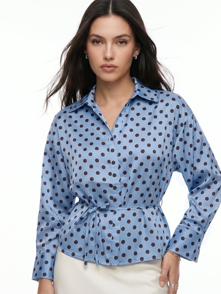 Blue Polka Printed Waist Tie-Up Shirt
