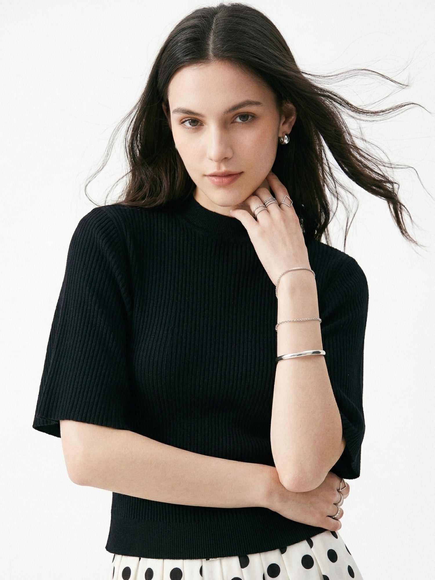 Black Plisse Top With Flared Sleeves
