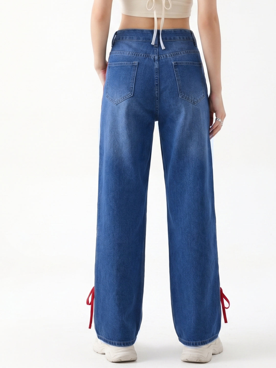 Navy Blue Contrast Detail Wide Leg Jeans