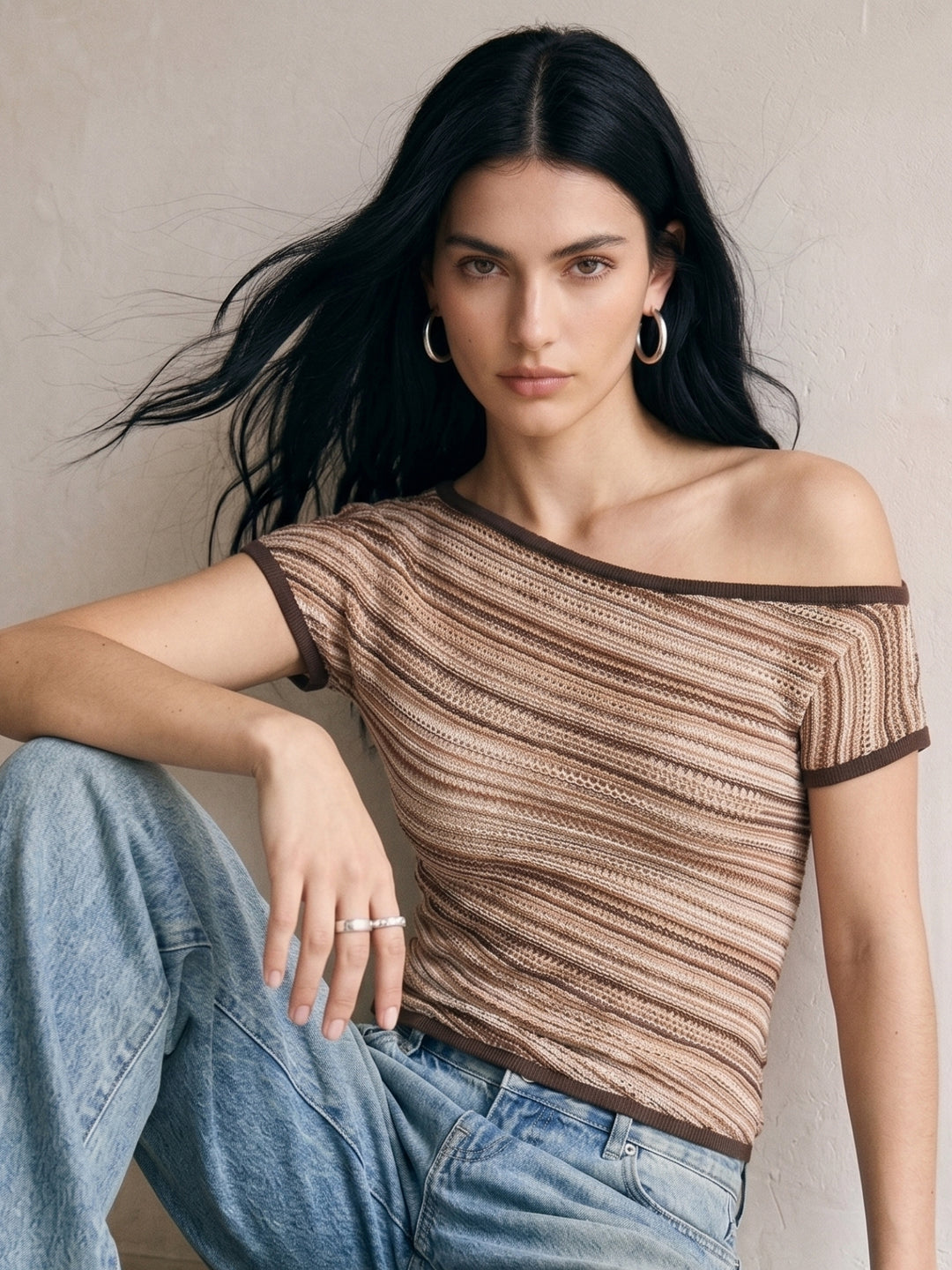 Beige Striped One Shoulder Top