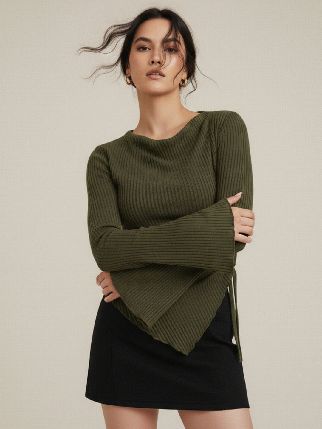 Olive Asymmetric Hem Side Ruched Top