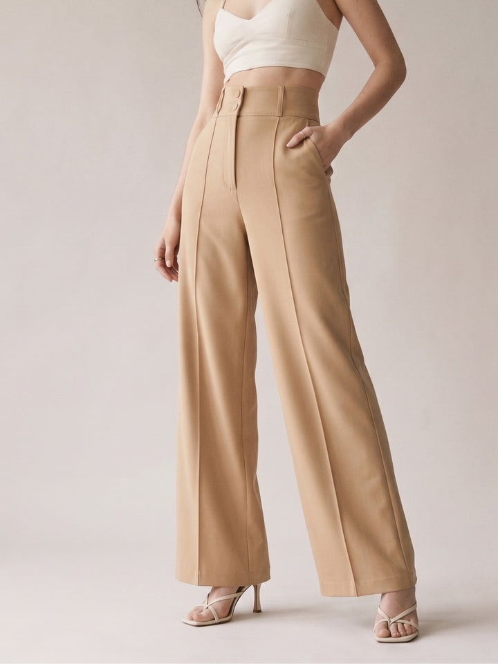 Beige High Waist Structured Trousers