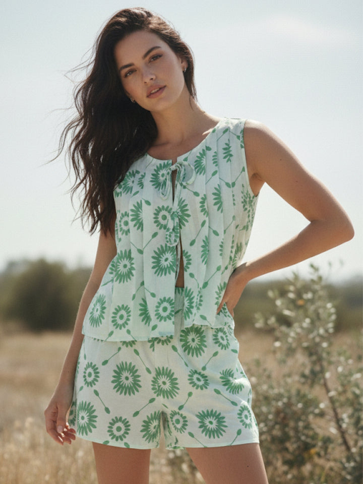 Green Front Tie-Up Peplum Style Top And Short Set