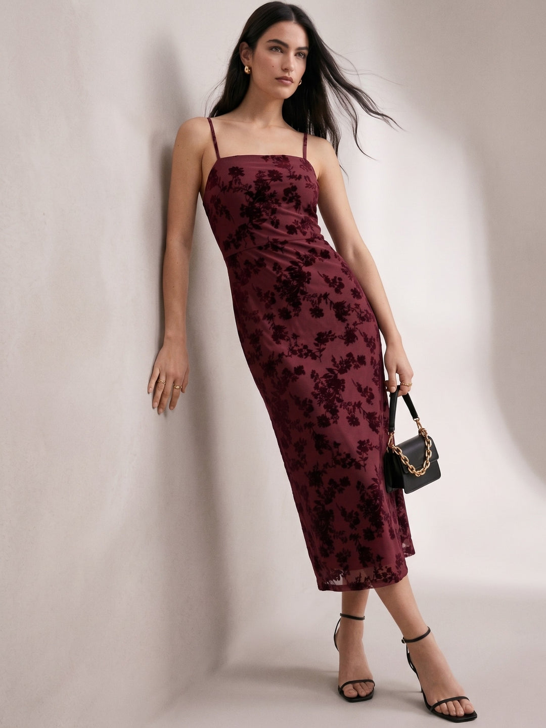 Wine Slim-Fit Evening Maxi Dress