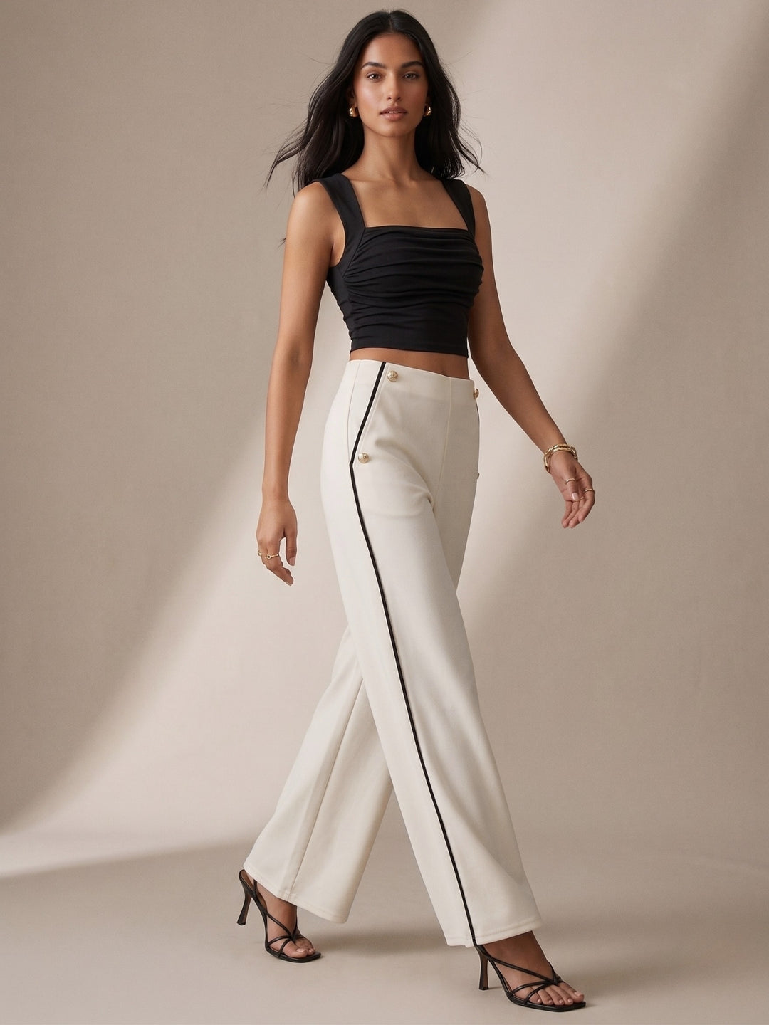 White Contrast Trim Wide Leg Trousers
